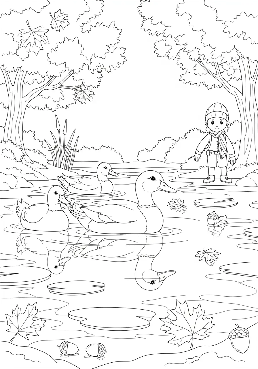 Autumn Duck Pond Coloring Page