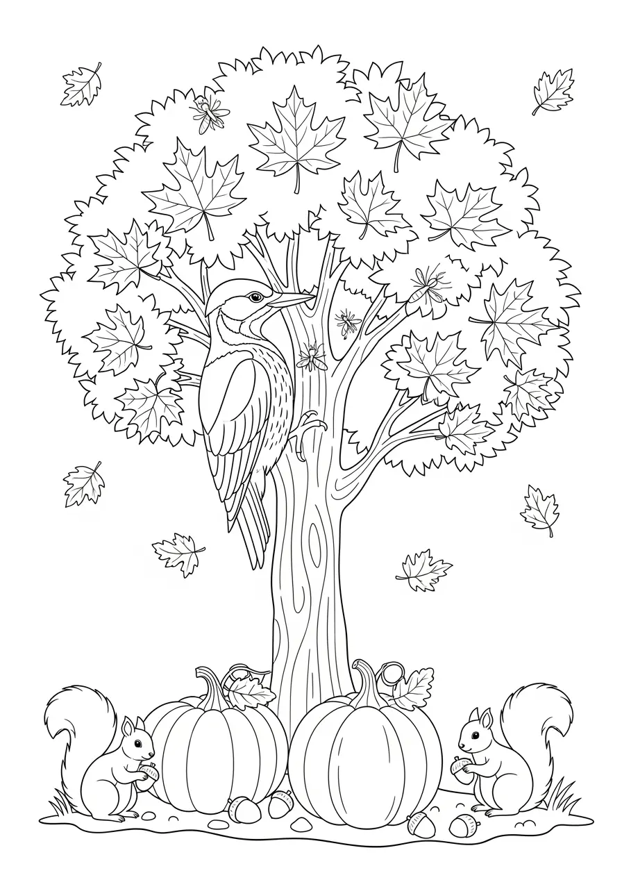 Autumn Woodpecker Coloring Page