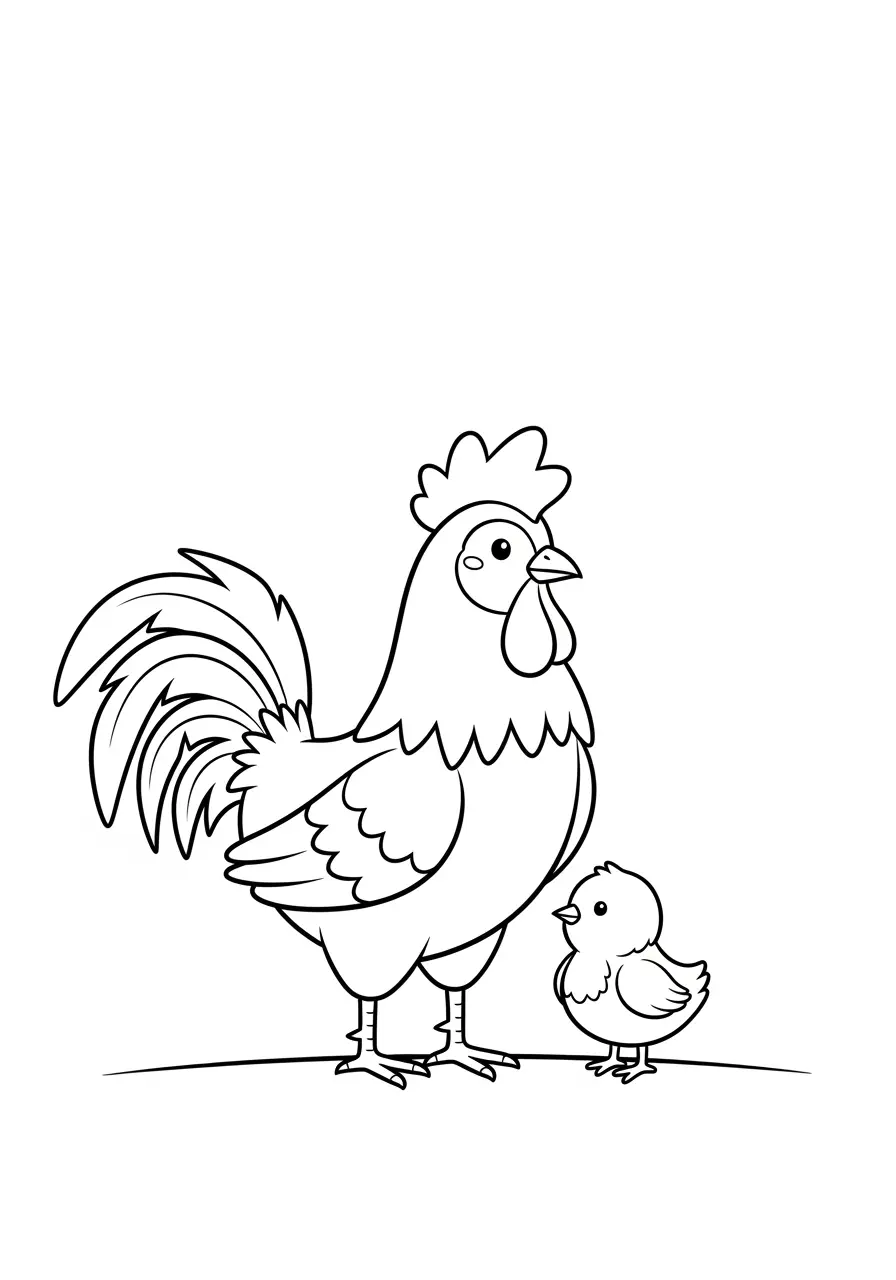 Baby Chick and Rooster Coloring Page