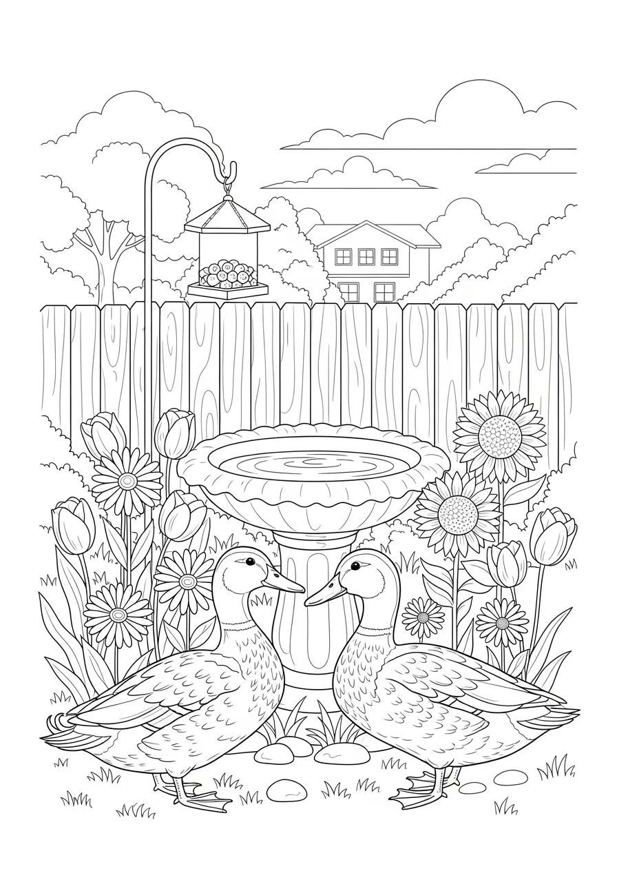 Backyard Duck Visitors Coloring Page