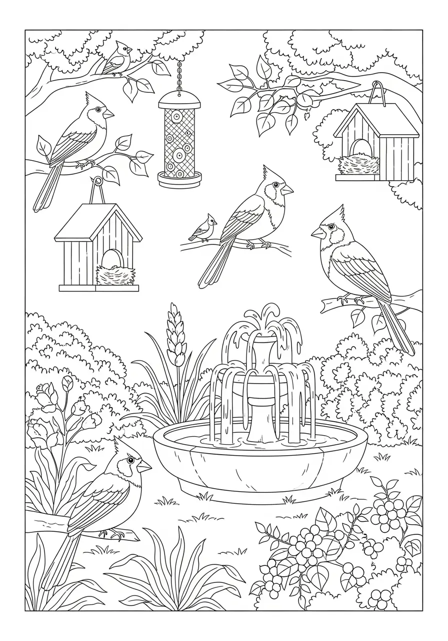 Backyard Habitat Cardinal Coloring Page