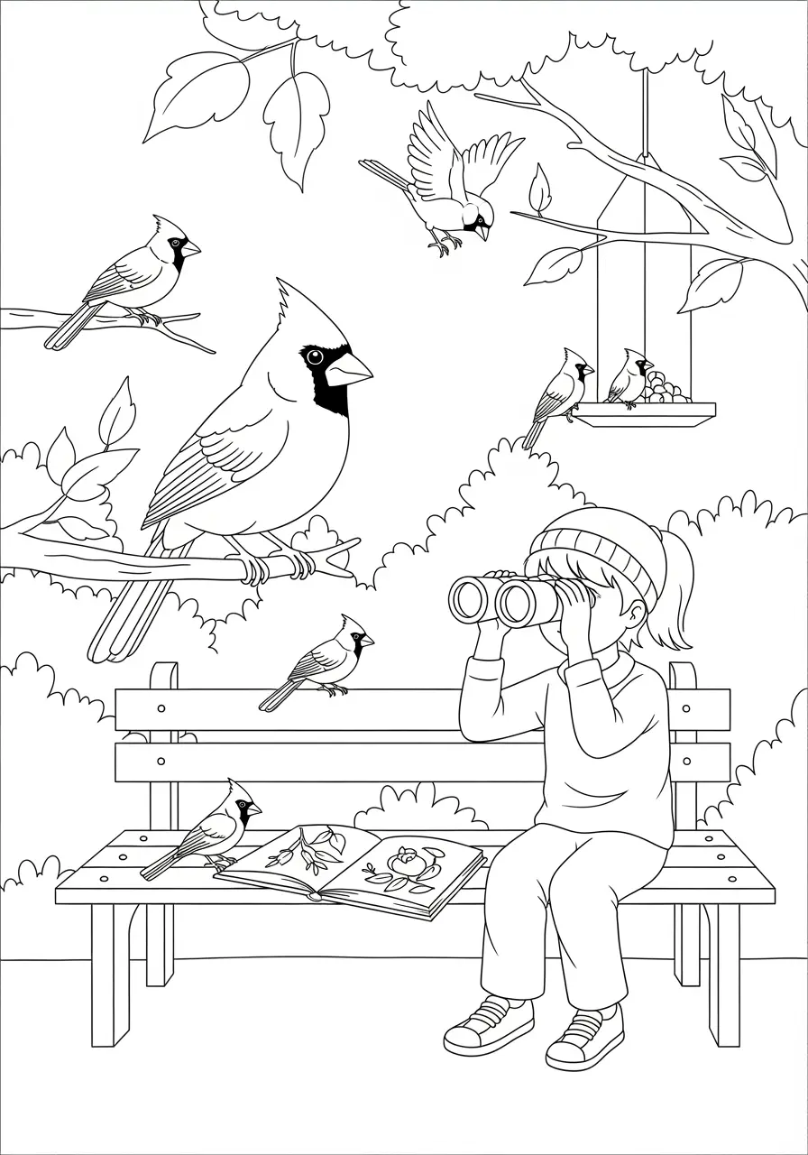 Birdwatching Cardinal Coloring Page