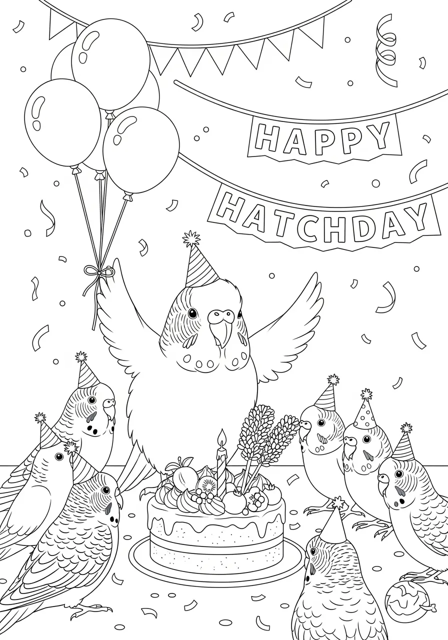 Budgie Birthday Party Coloring Page