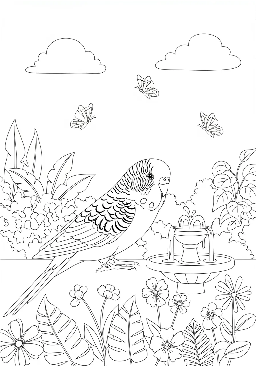 Budgie Garden Adventure Coloring Page