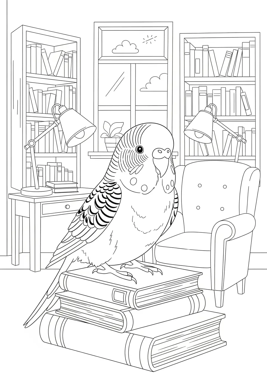 Budgie Library Reading Coloring Page