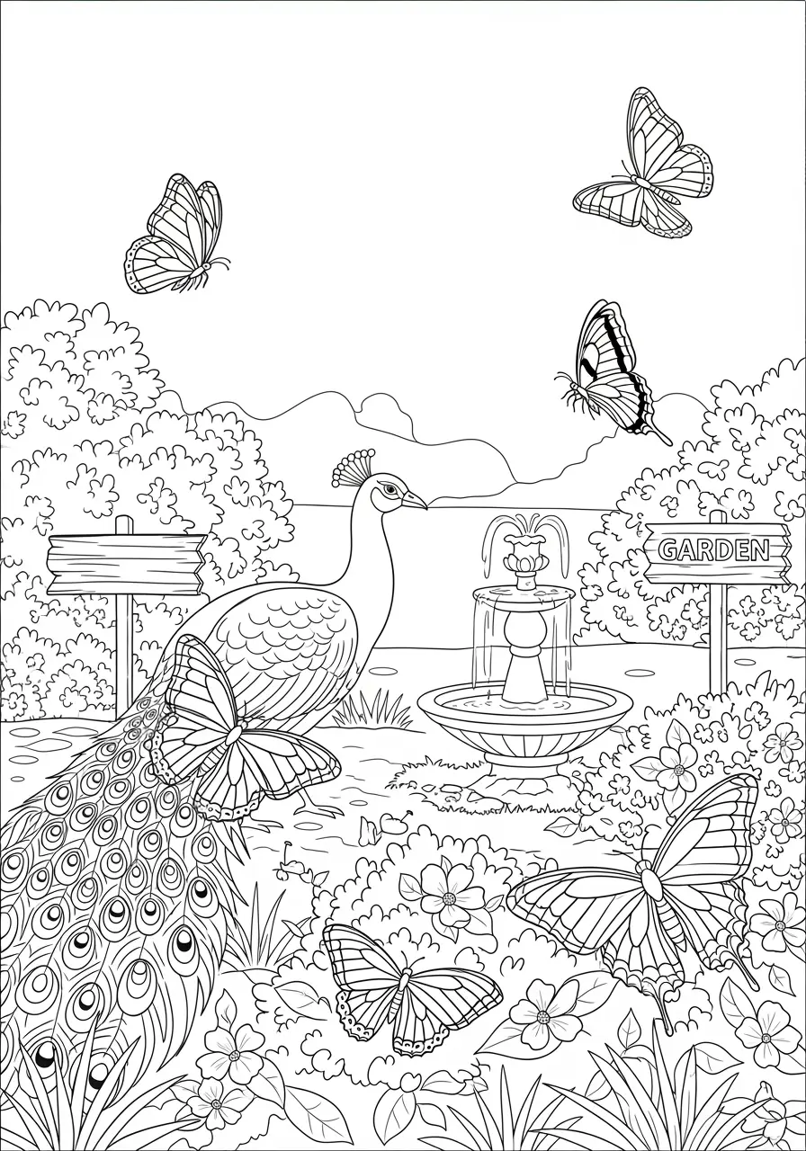 Butterfly Garden Peacock Coloring Page