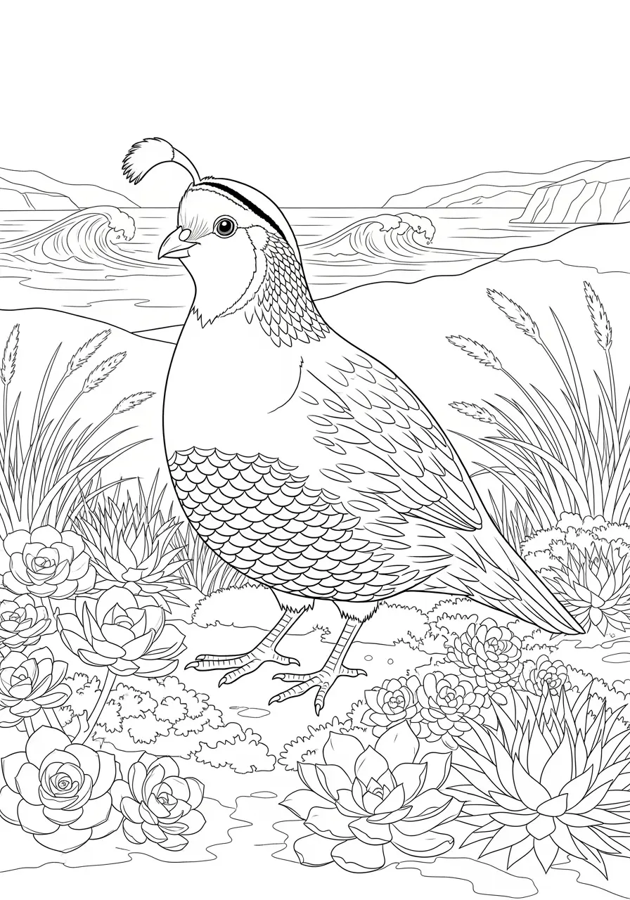 California Quail Coastal Scene Coloring Page