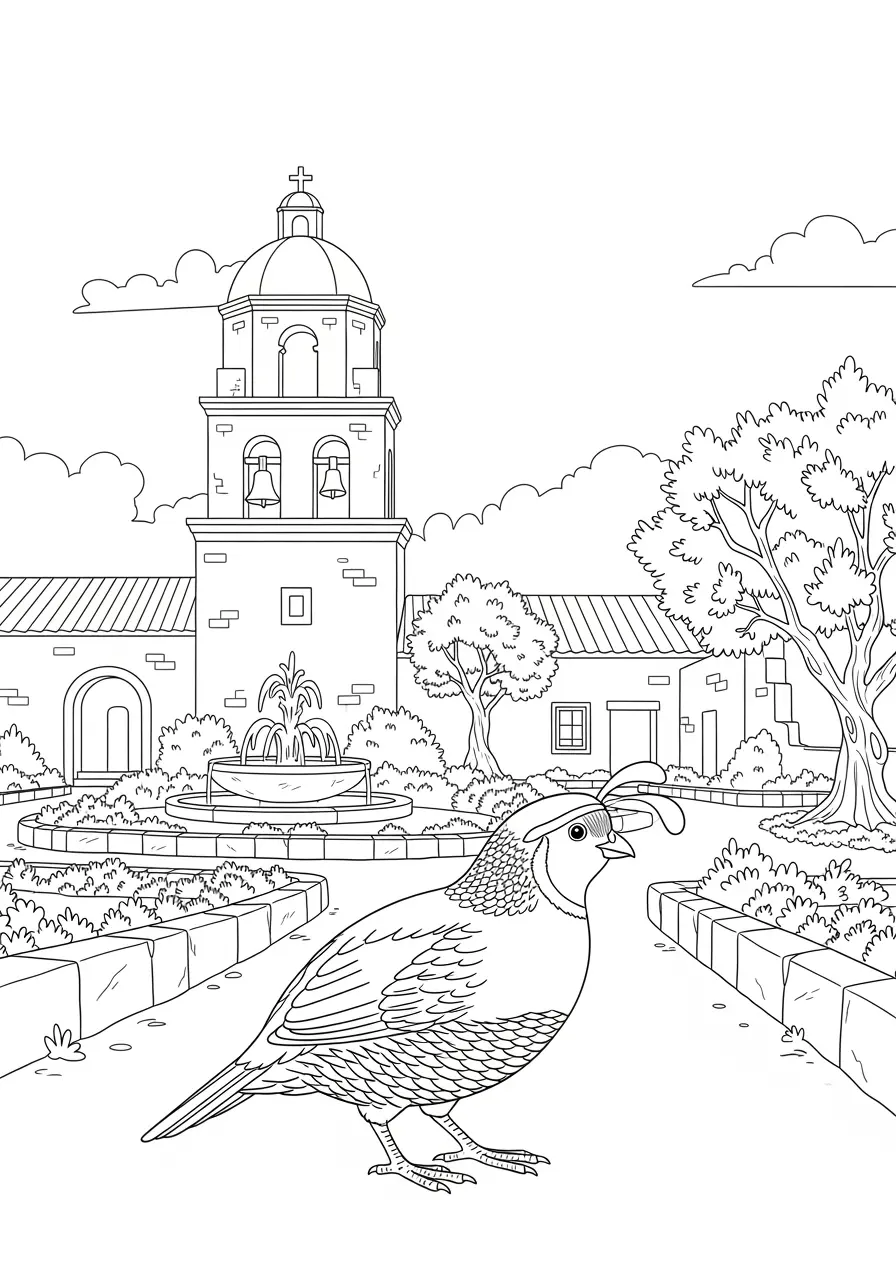 California Quail Mission Garden Coloring Page