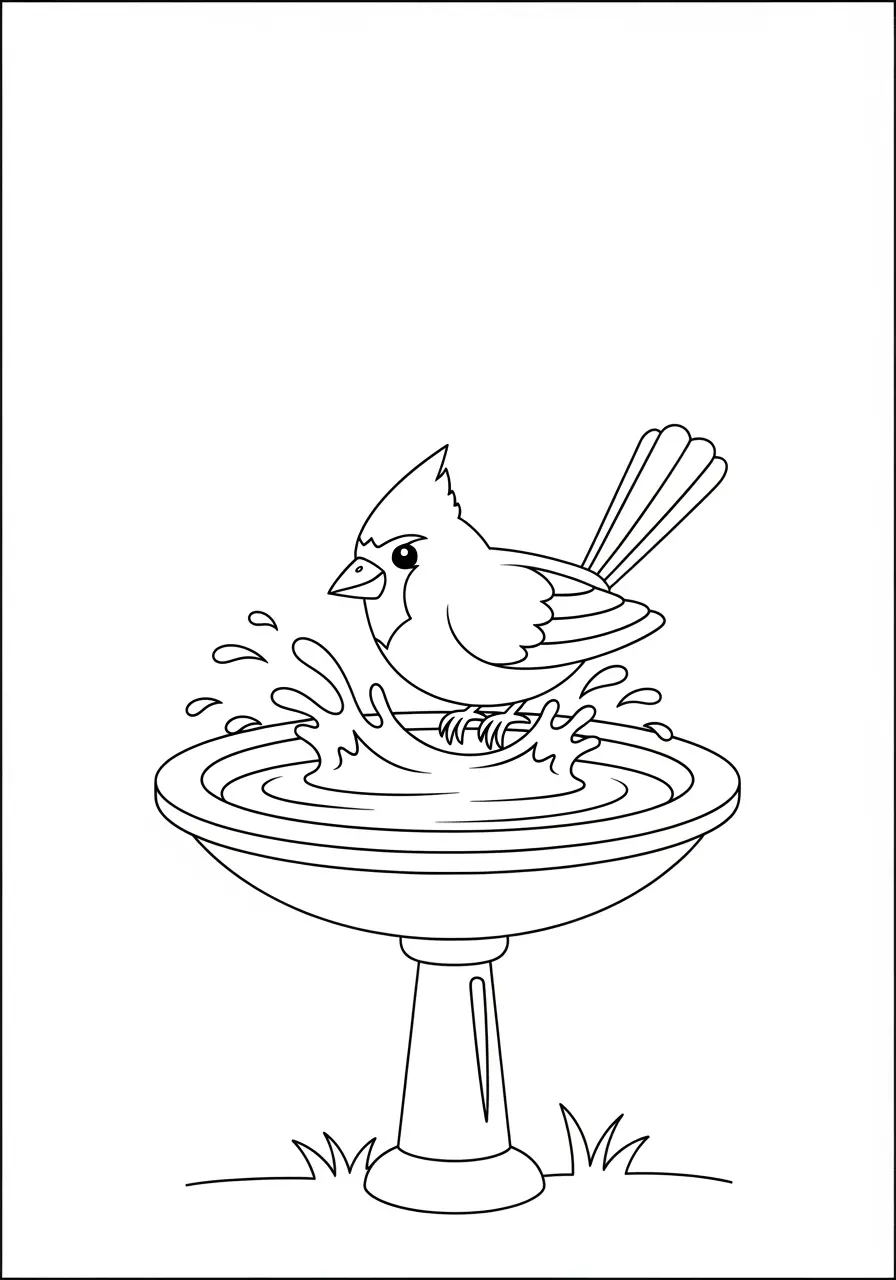 Cardinal at Birdbath Coloring Page