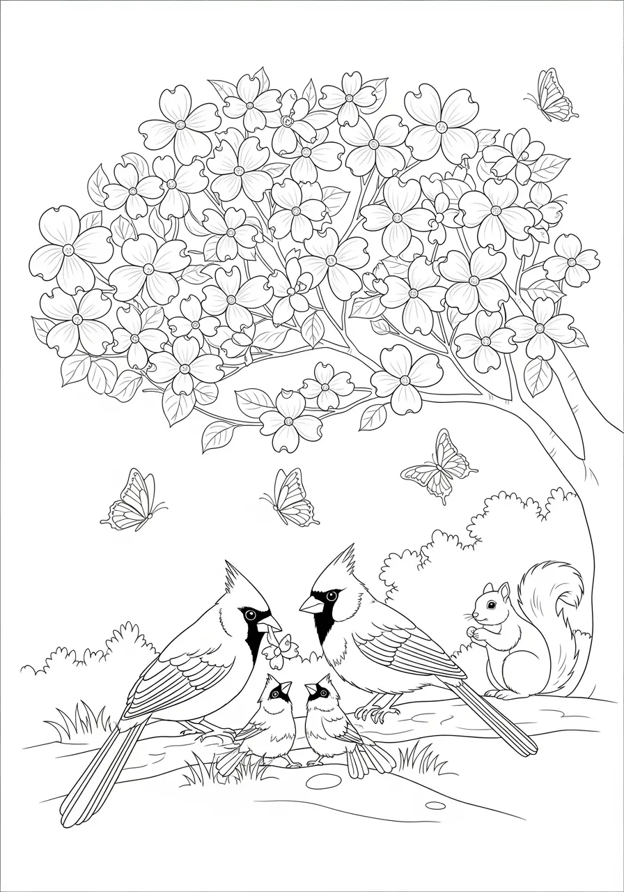 Cardinals in Dogwood Tree Coloring Page