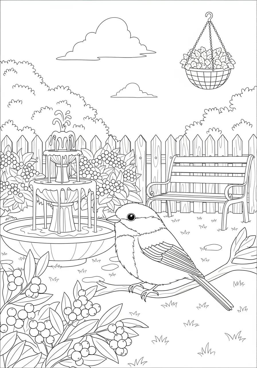 Chickadee Backyard Paradise Coloring Page