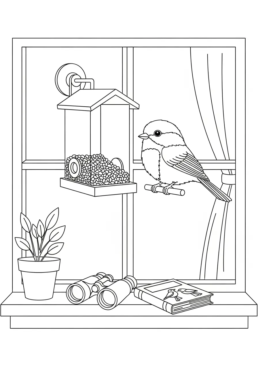 Chickadee Birdwatching Scene Coloring Page