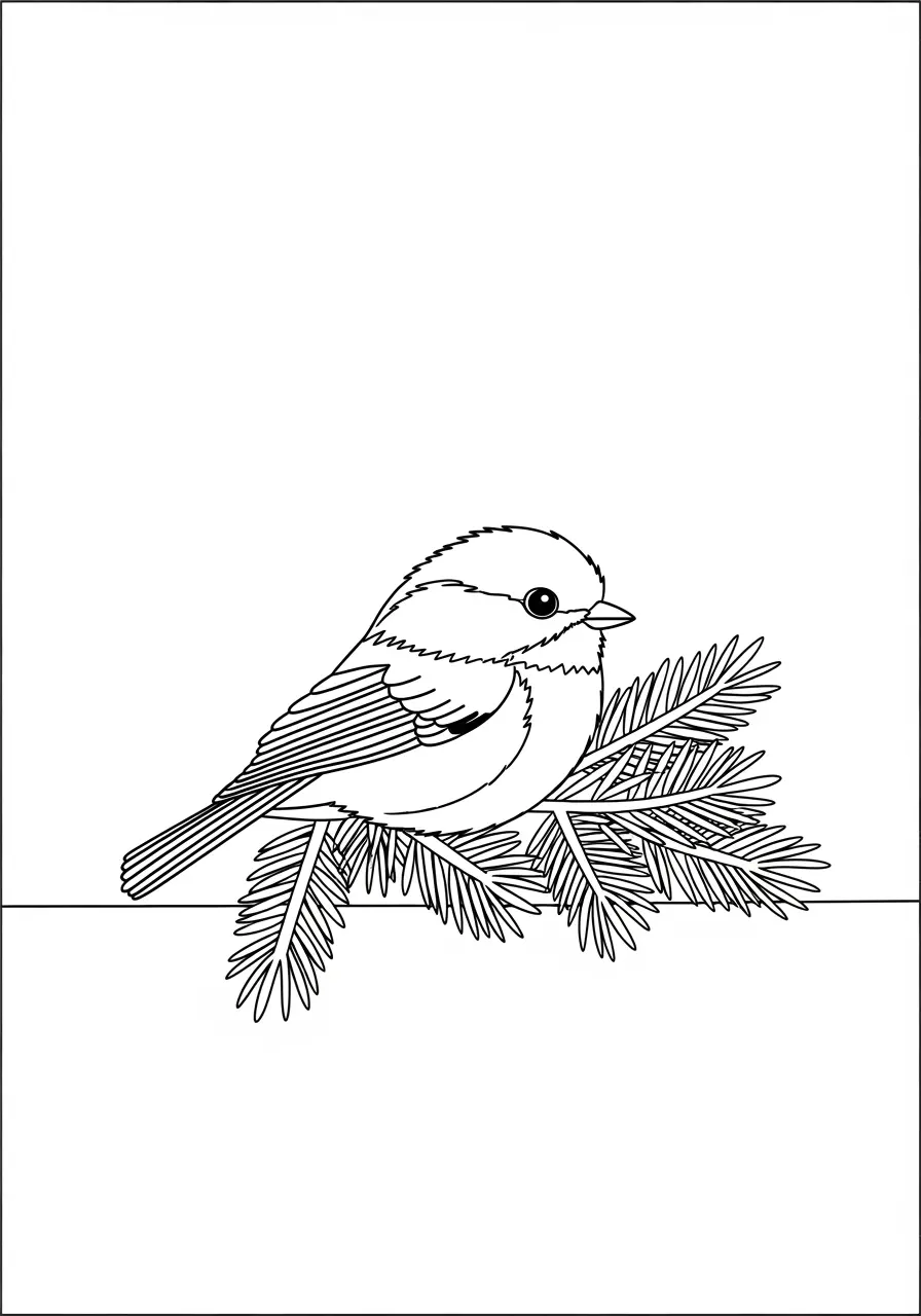 Chickadee in Pine Tree Coloring Page