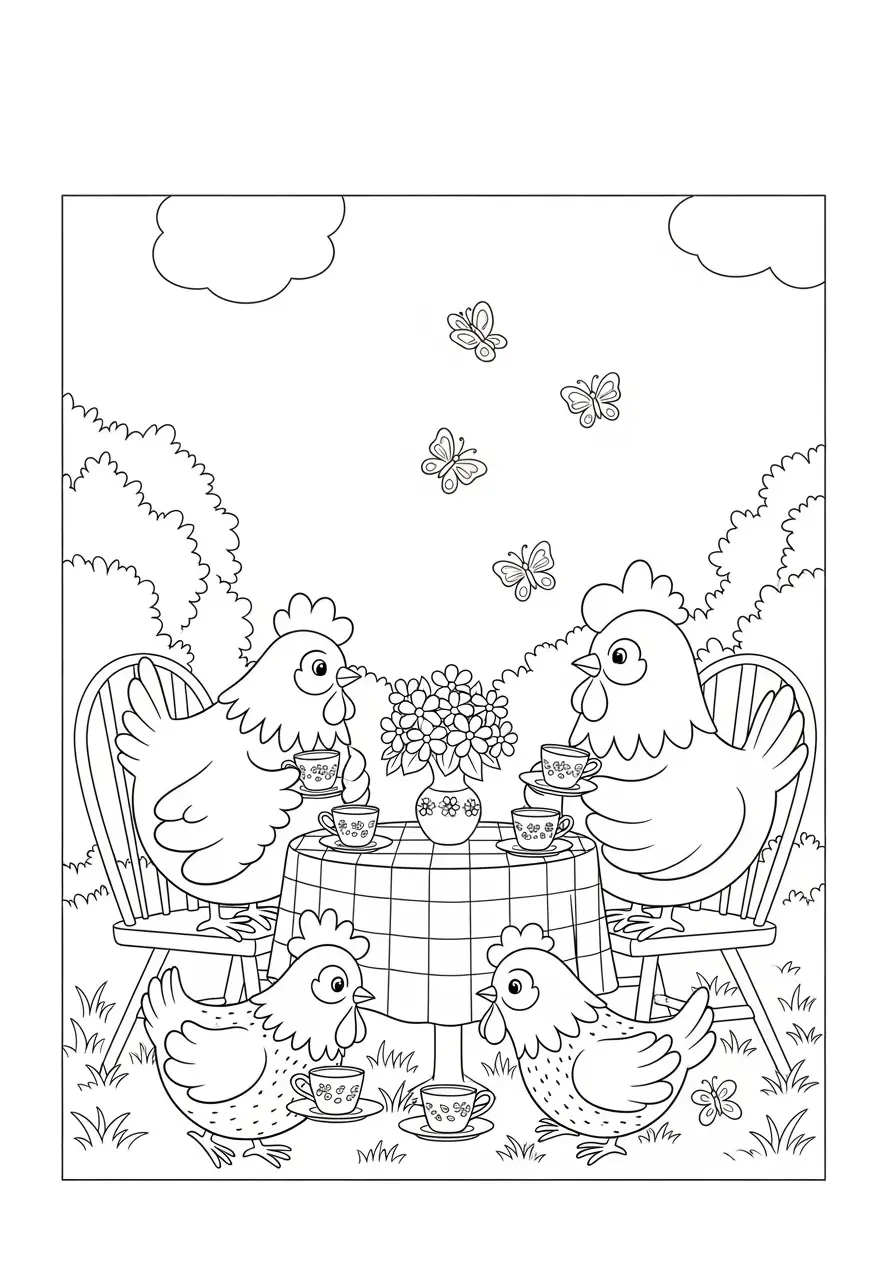 Chicken Tea Party Coloring Page