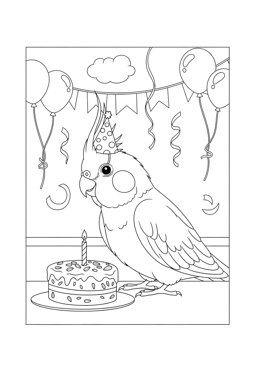 Cockatiel Birthday Celebration Coloring Page