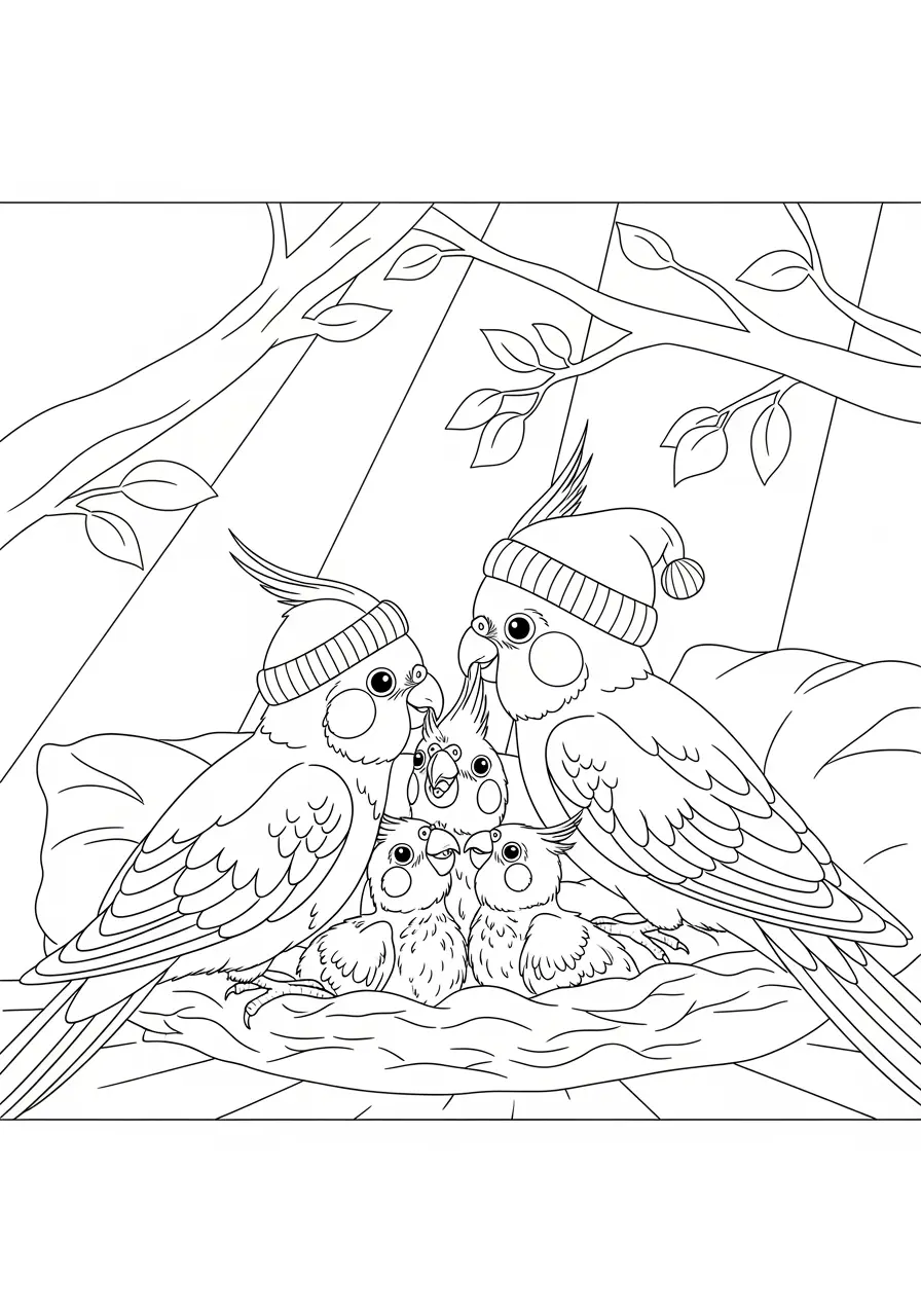 Cockatiel Family Coloring Page