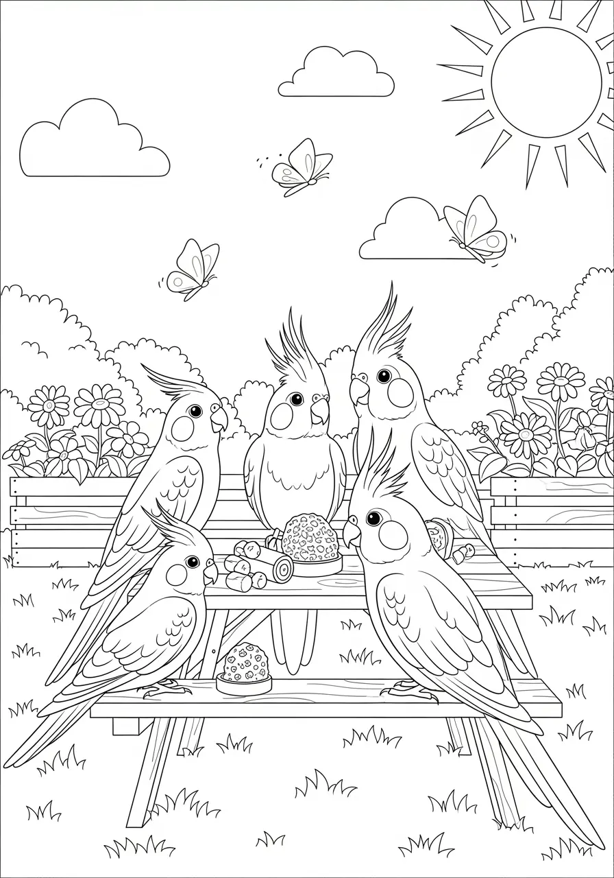 Cockatiel Garden Party Coloring Page