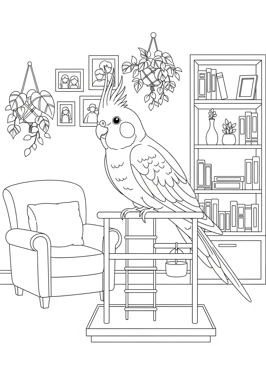Cockatiel Living Room Coloring Page