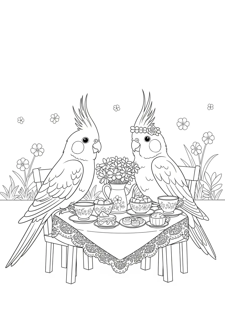 Cockatiel Tea Party Coloring Page