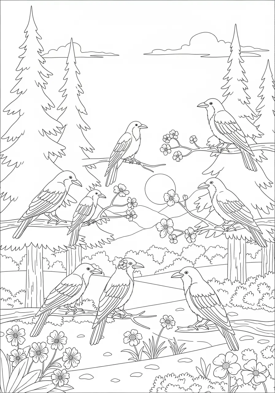 Crow Forest Meeting Coloring Page