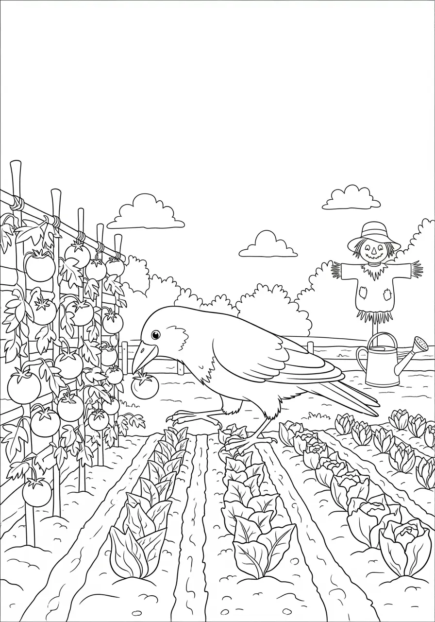 Crow Garden Scene Coloring Page