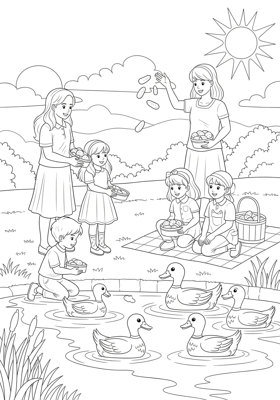 Duck Family Picnic Coloring Page