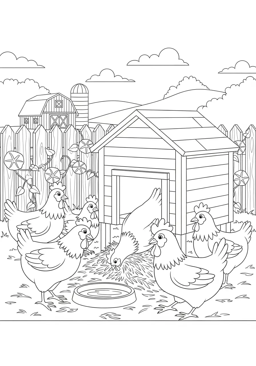 Farmyard Chicken Coop Coloring Page