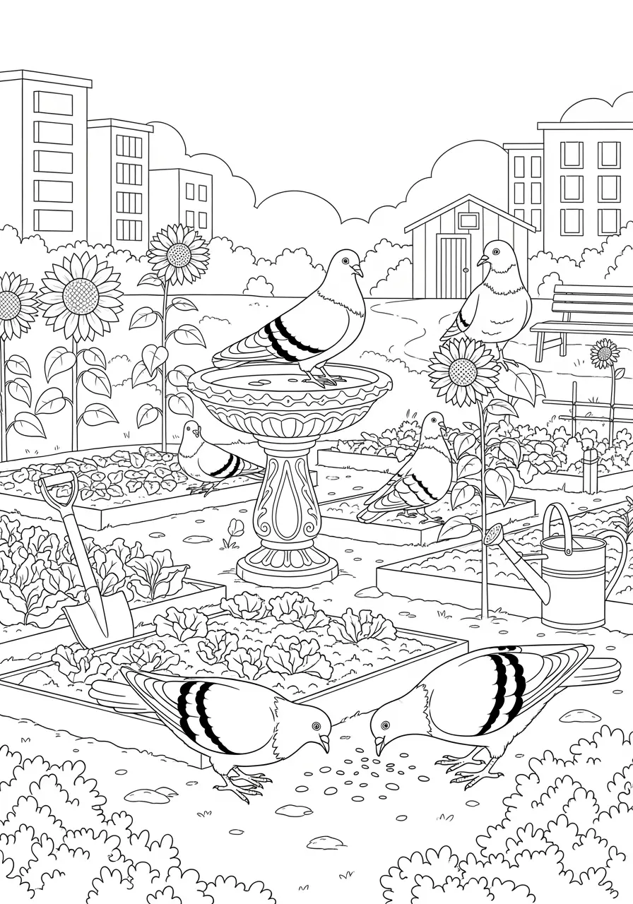 Garden Sanctuary Pigeons Coloring Page