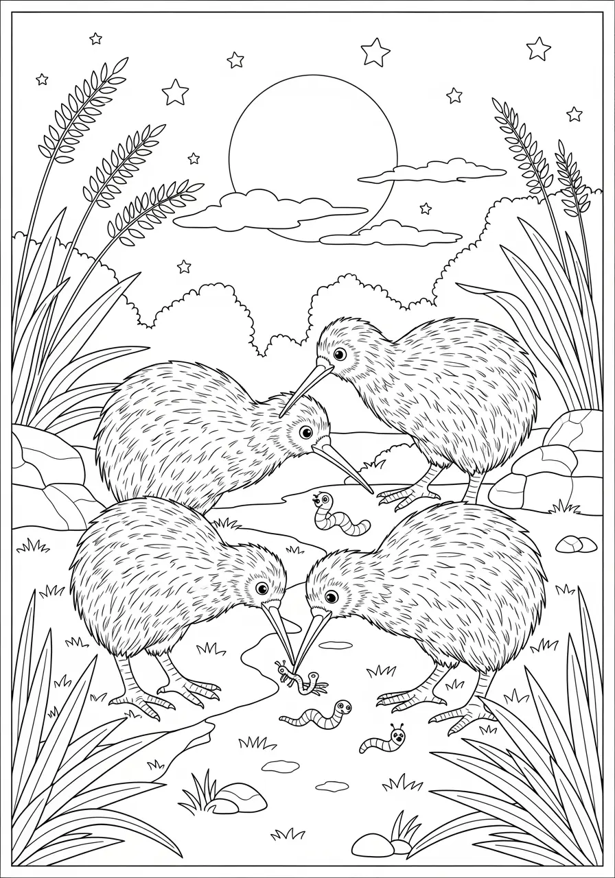 Kiwi Bird Family Adventure Coloring Page