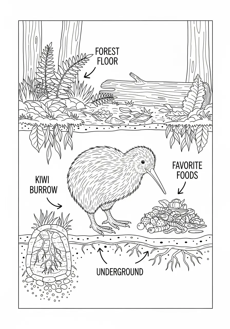 Kiwi Bird Habitat Coloring Page