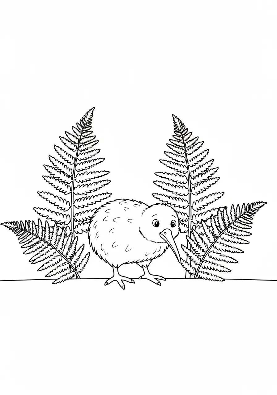 Kiwi Bird in Ferns Coloring Page
