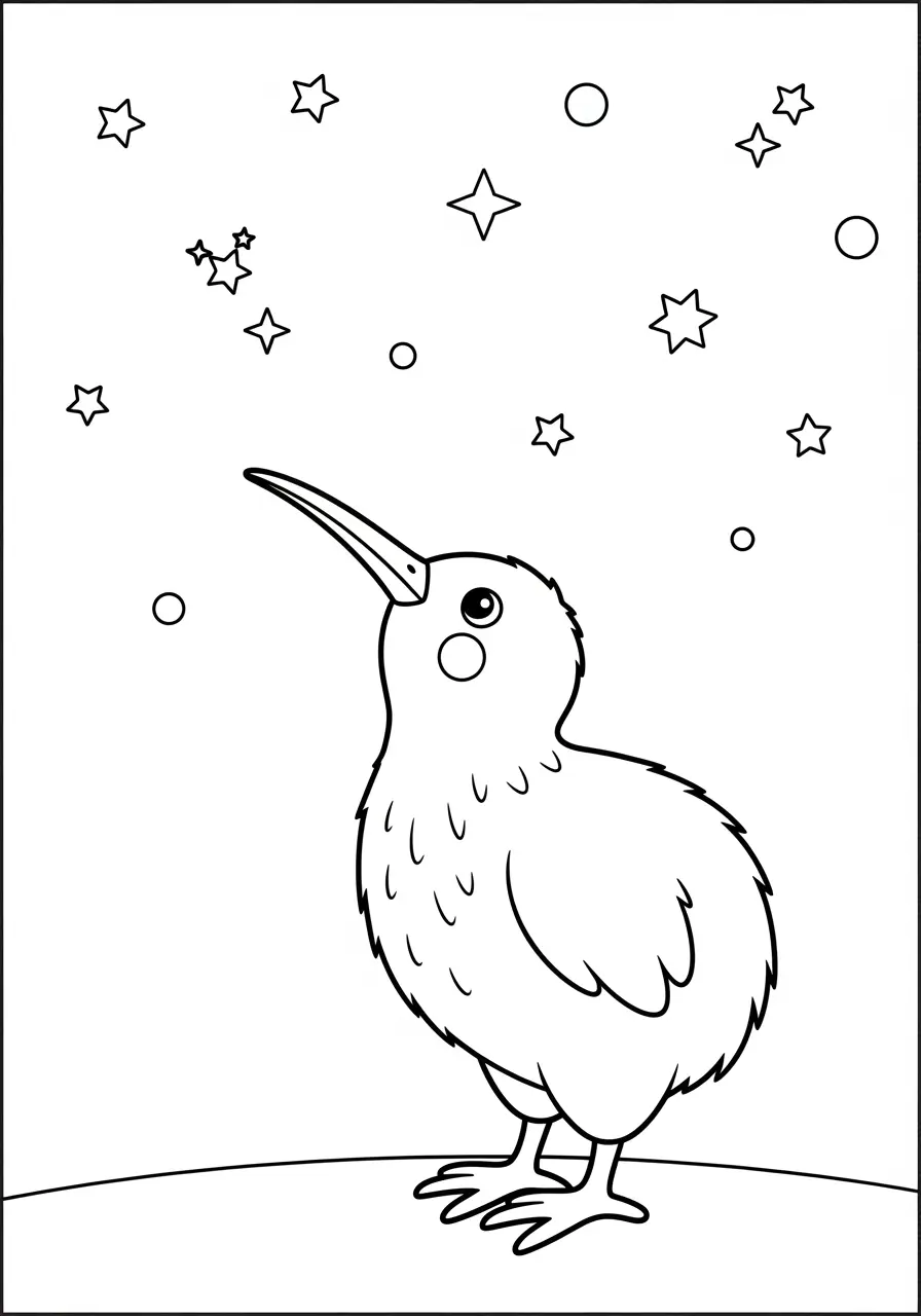 Kiwi Bird Under Stars Coloring Page