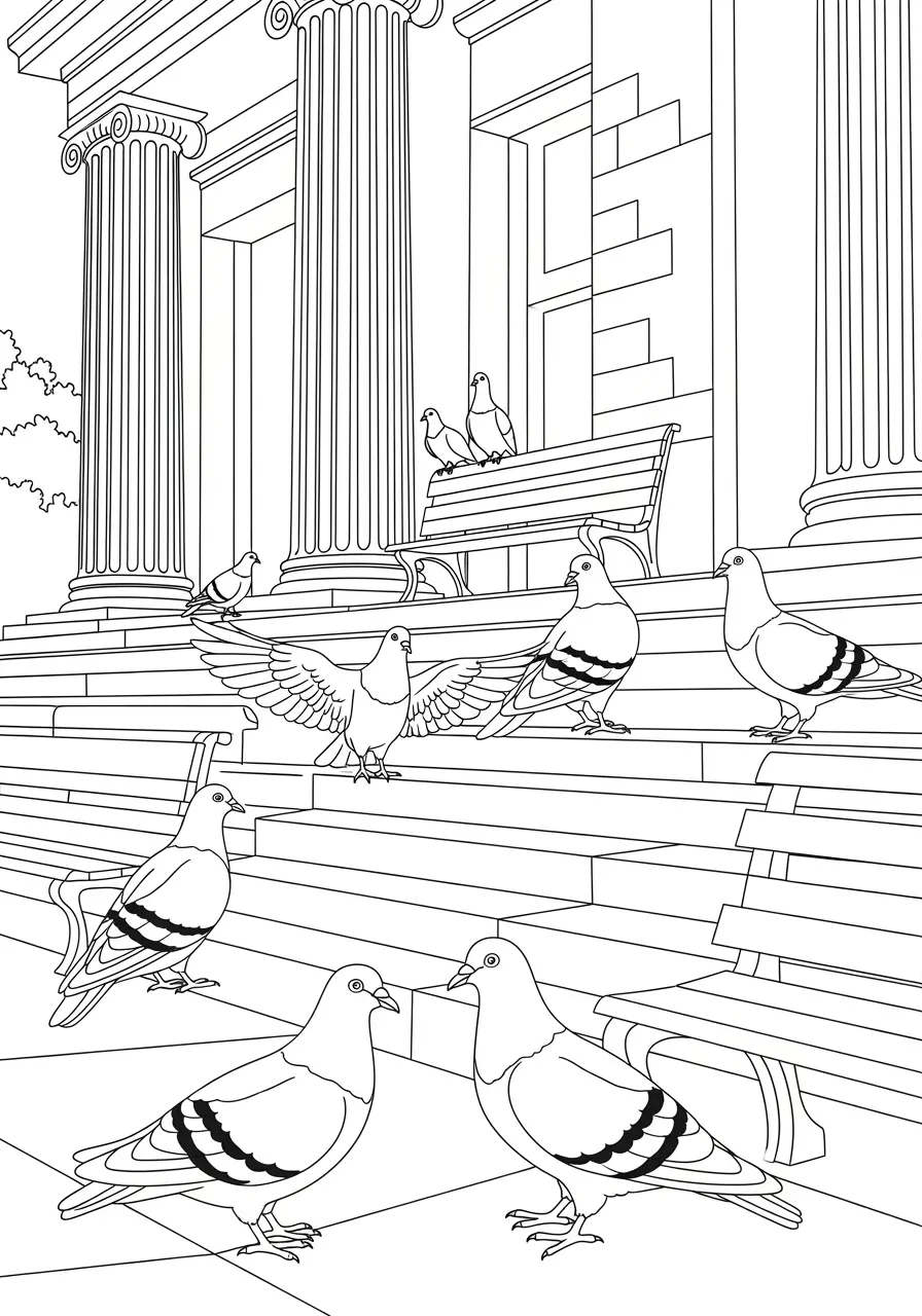 Library Steps Pigeons Coloring Page