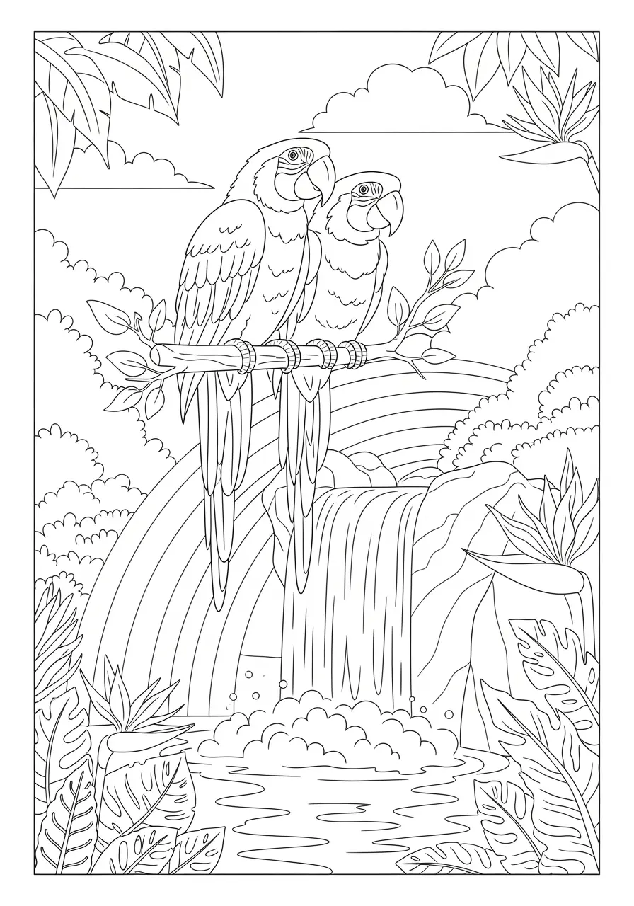 Macaw at Waterfall Coloring Page