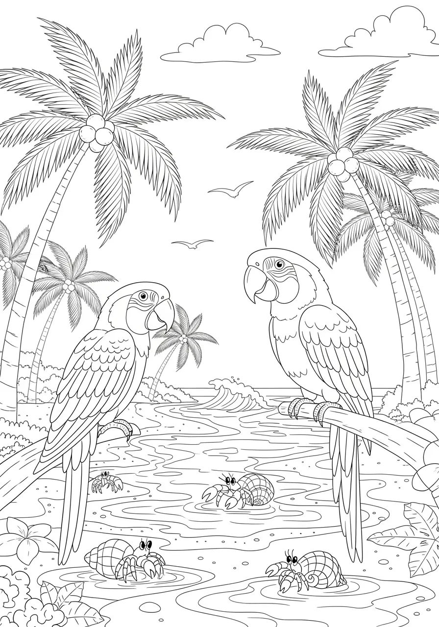 Macaw Beach Paradise Coloring Page