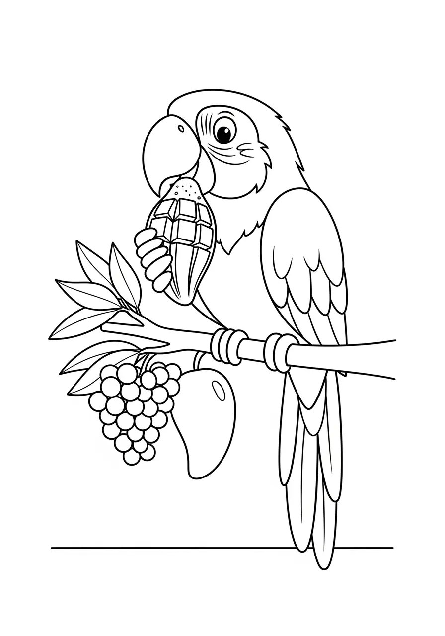 Macaw Eating Fruit Coloring Page