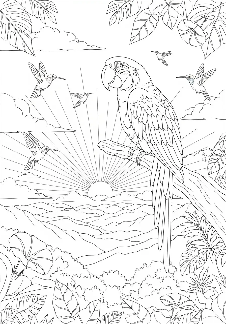 Macaw Sunrise Coloring Page