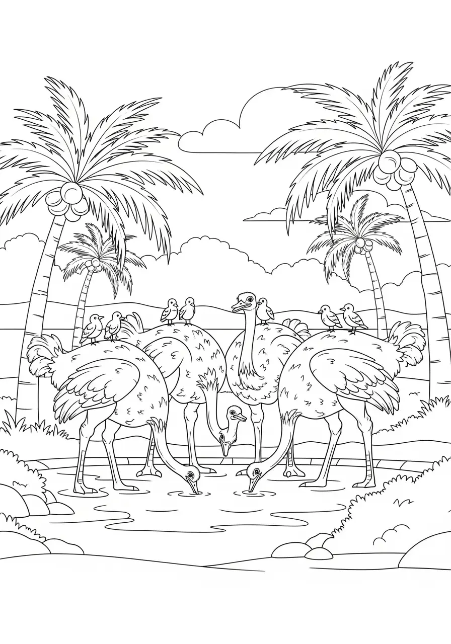 Ostrich Watering Hole Gathering Coloring Page