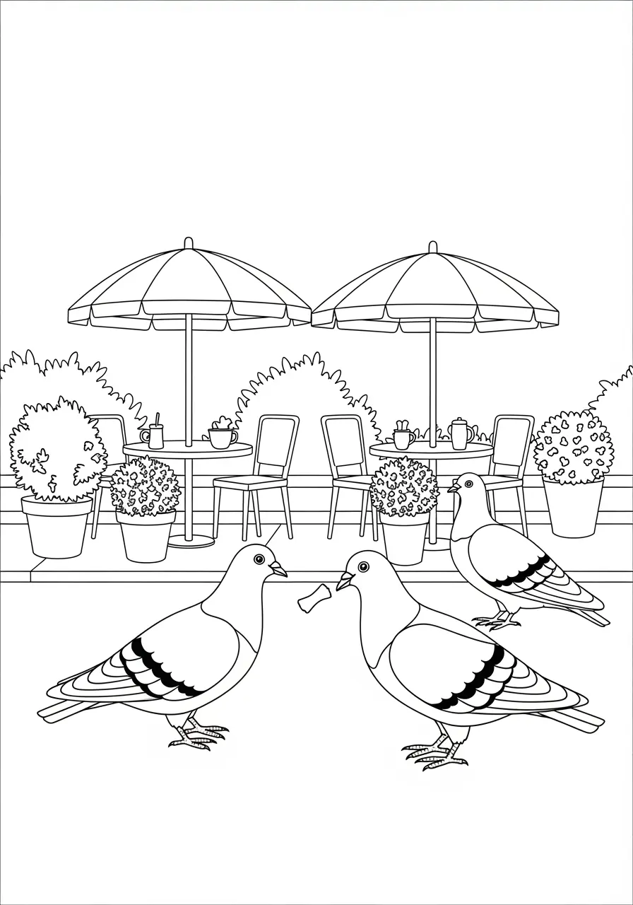 Outdoor Cafe Pigeons Coloring Page