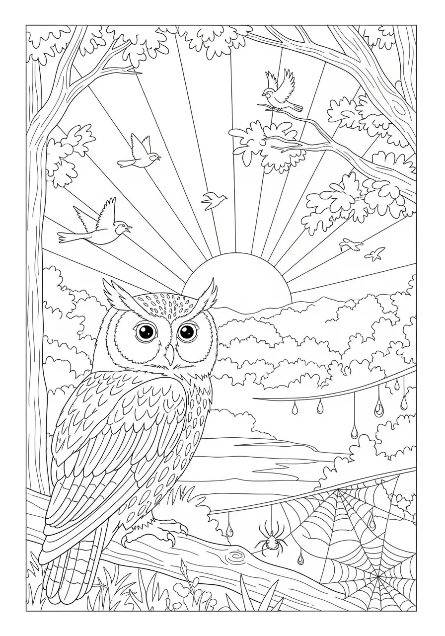 Owl at Dawn Coloring Page