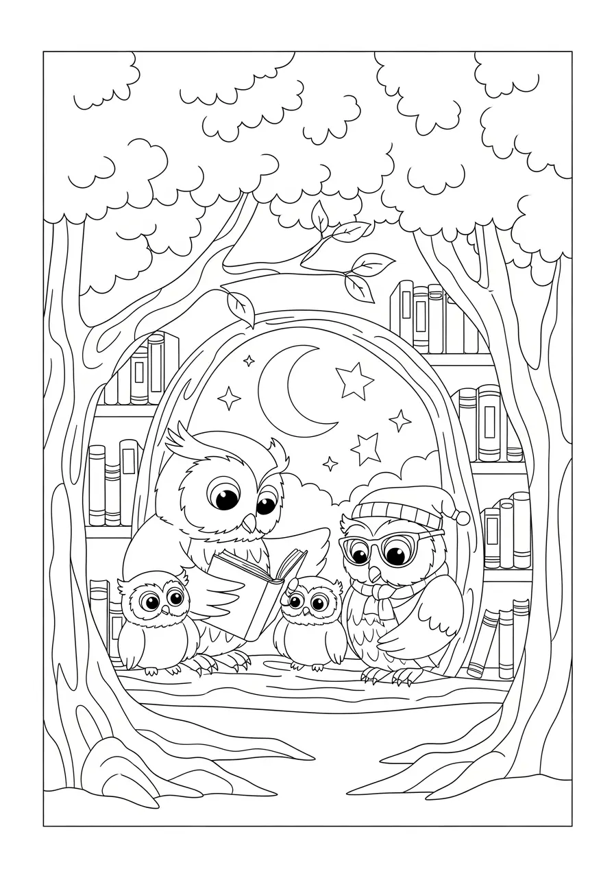 Owl Storytime Coloring Page