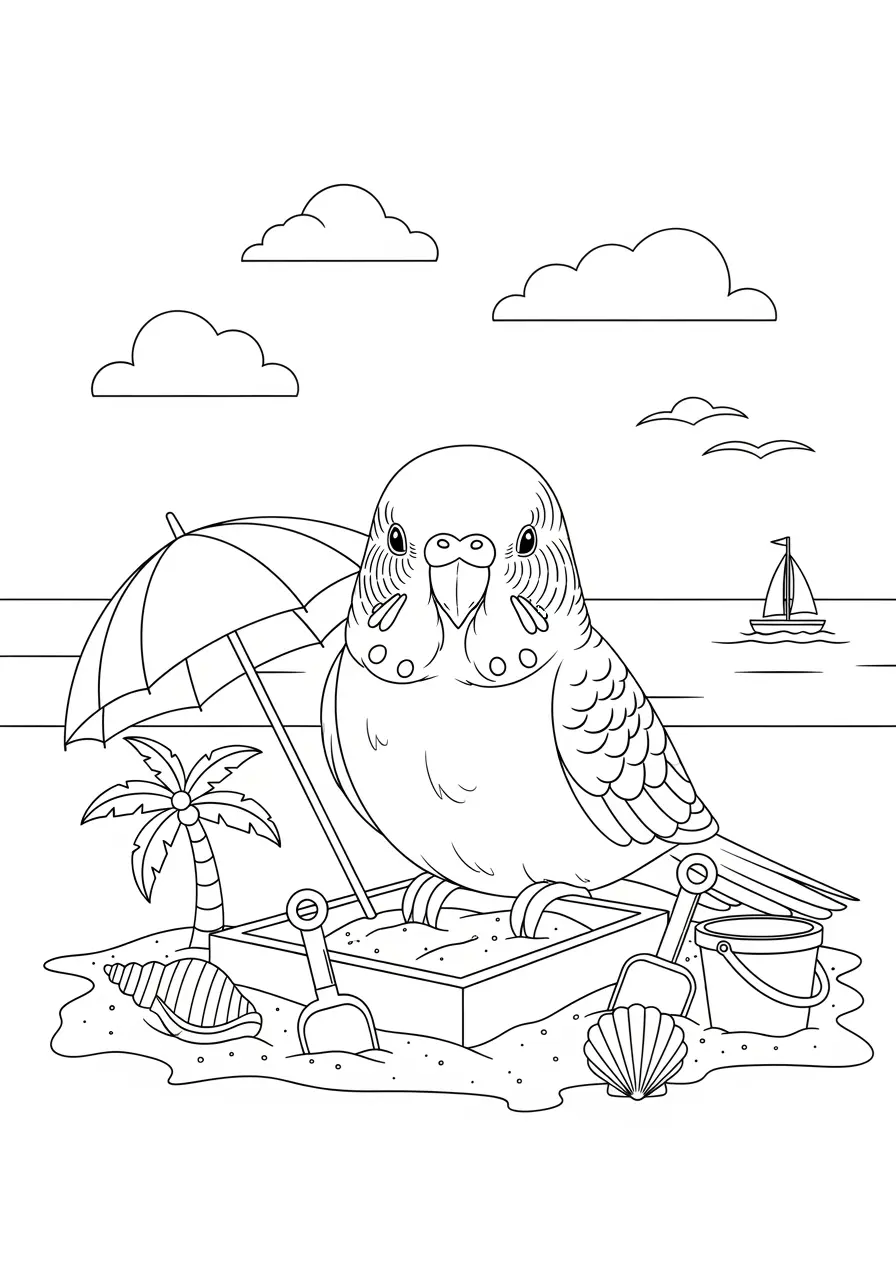 Parakeet Beach Vacation Coloring Page