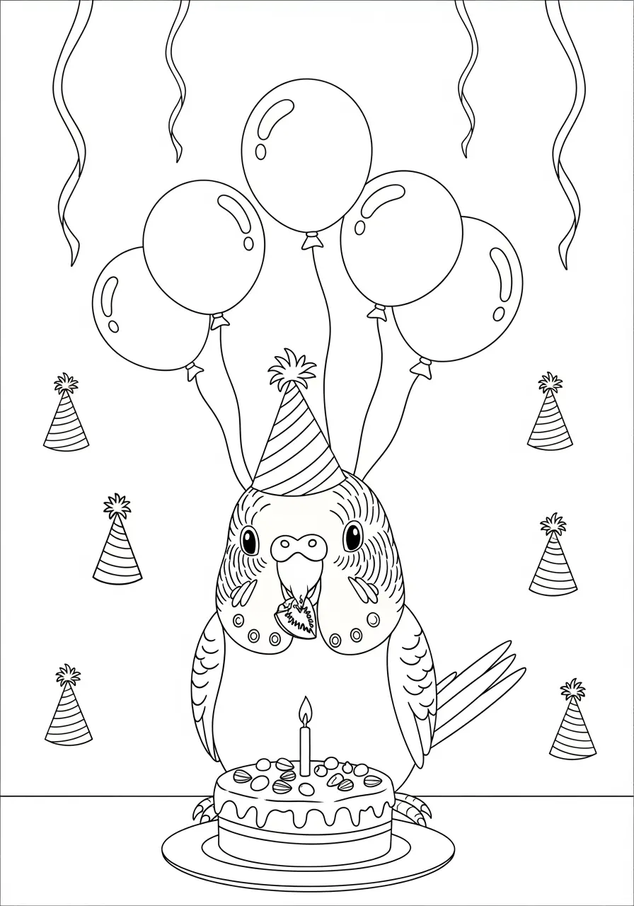 Parakeet Birthday Celebration Coloring Page