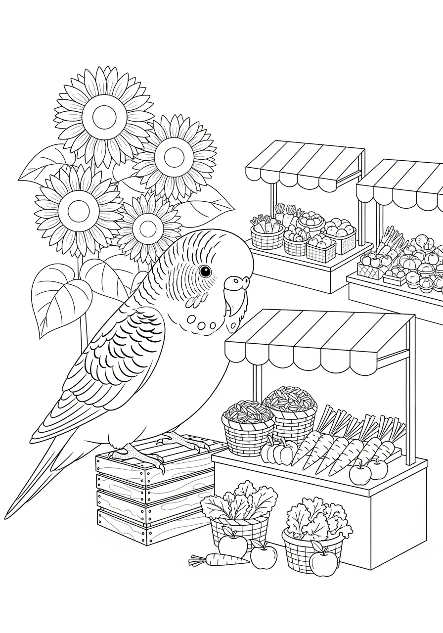 Parakeet Farmers Market Coloring Page