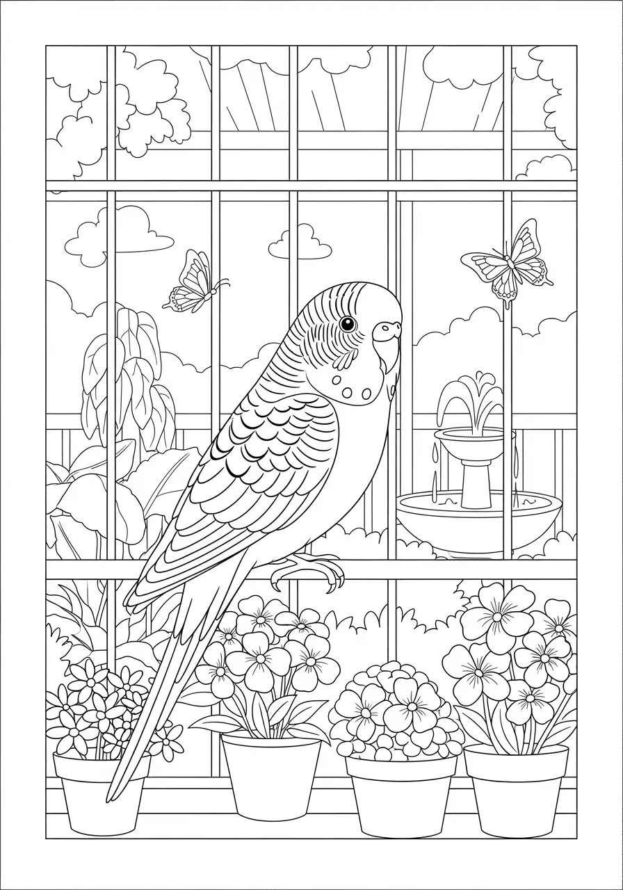 Parakeet Garden Party Coloring Page