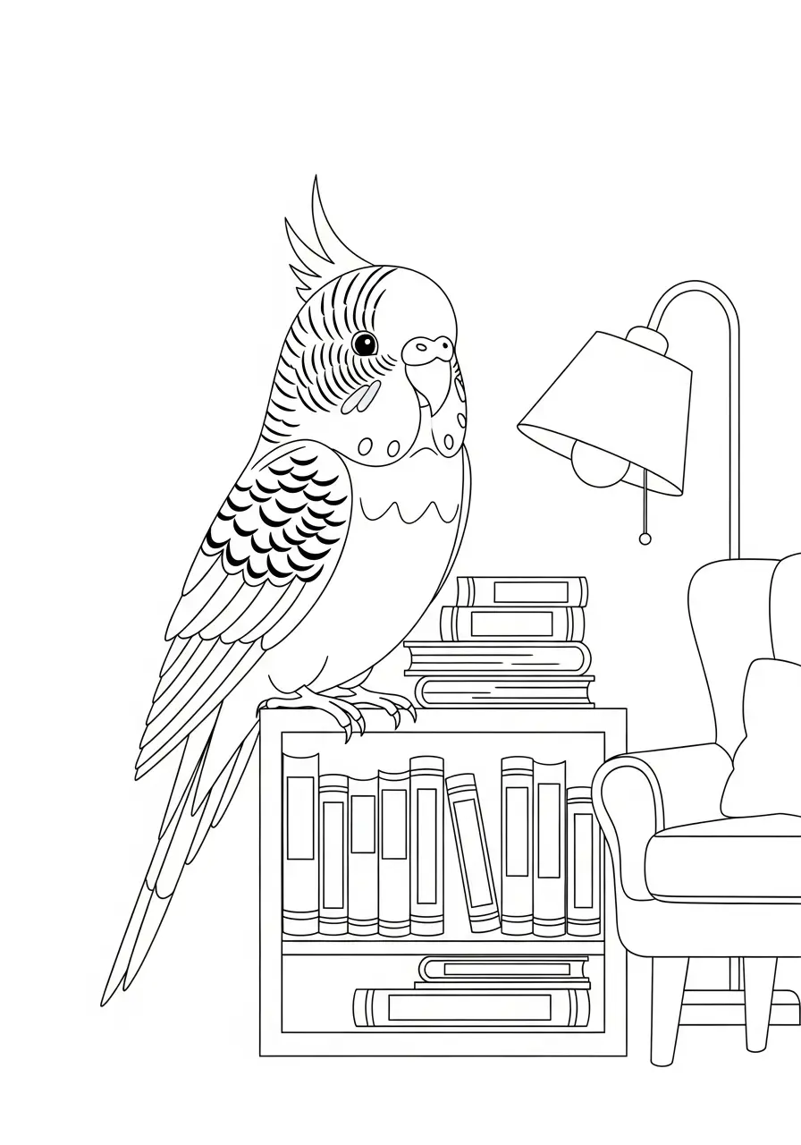 Parakeet Reading Corner Coloring Page