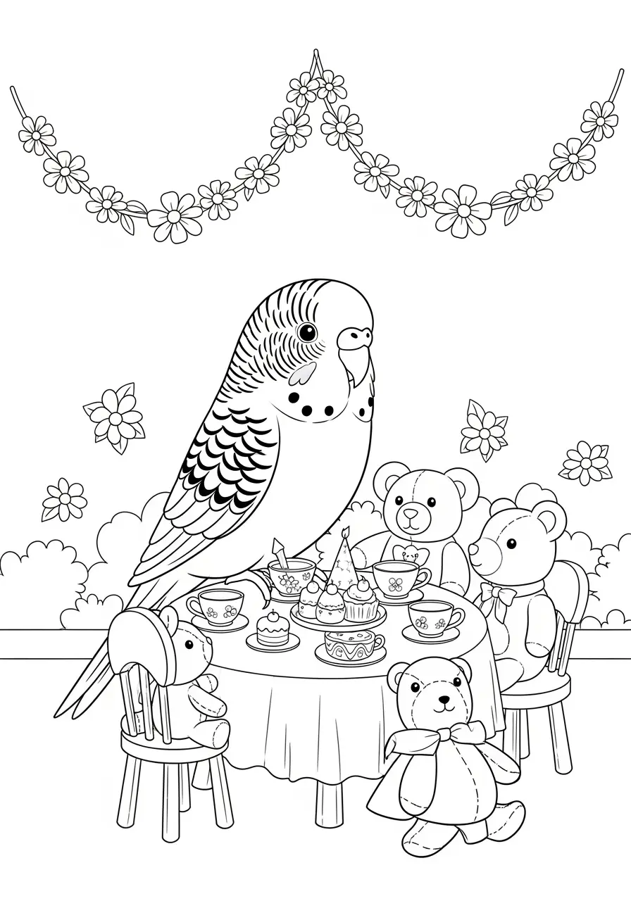 Parakeet Tea Party Coloring Page