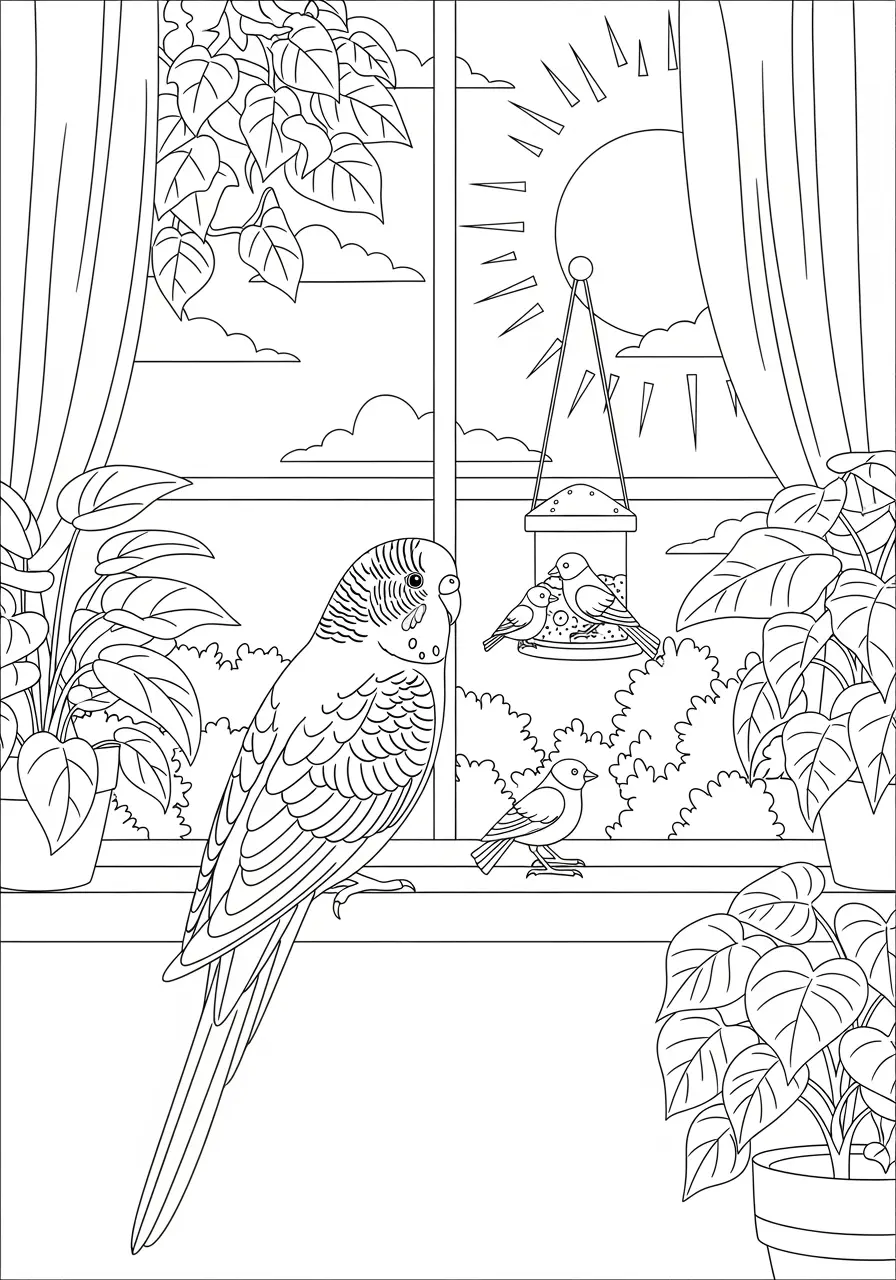 Parakeet Window Watching Coloring Page