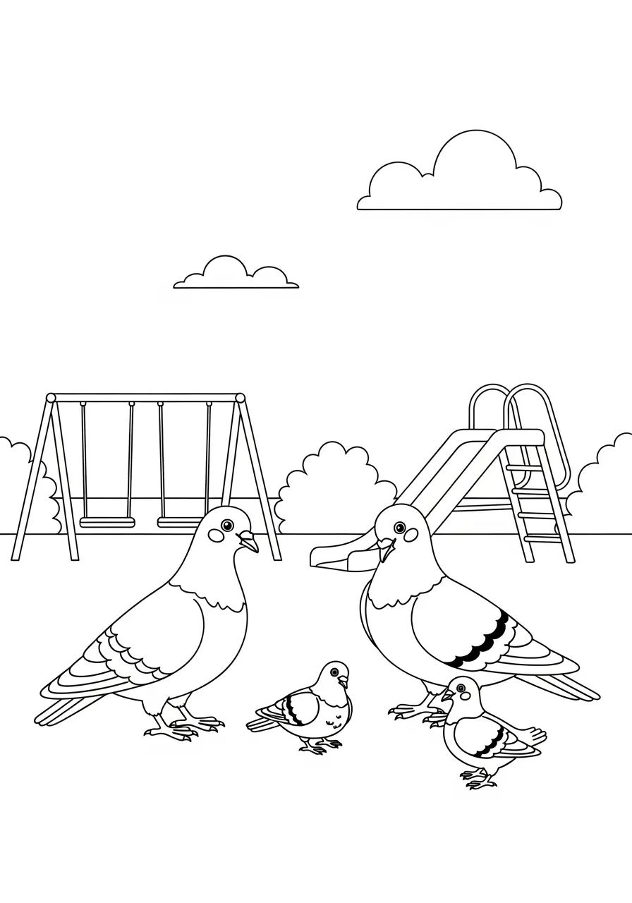 Park Playground Pigeon Family Coloring Page