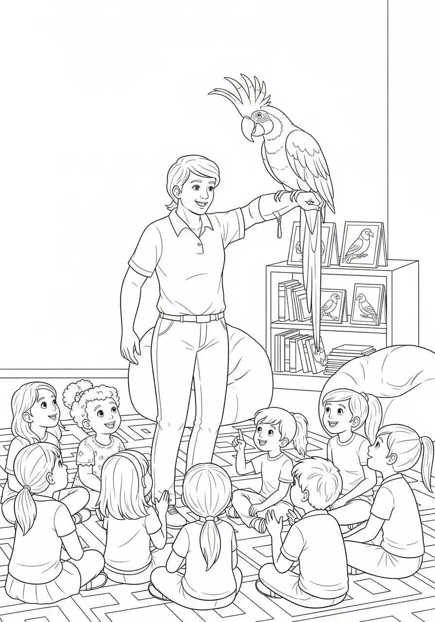 Parrot Classroom Visit Coloring Page